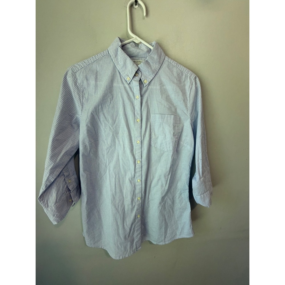 Banana Republic Blue Gingham Check 3/4 Sleeve Button Back Shirt 6 Stretch